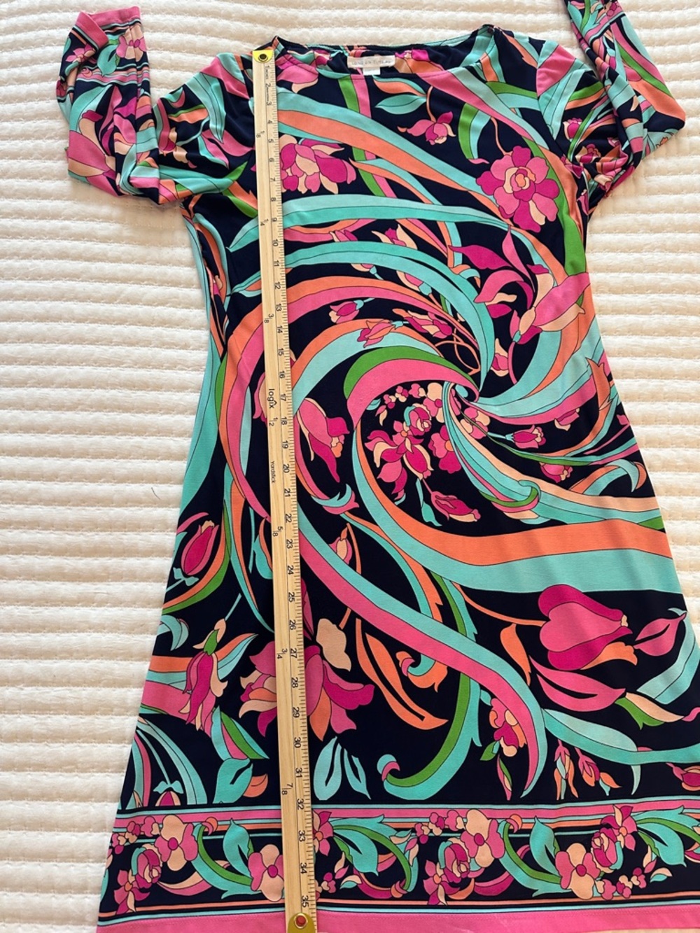 LONDON TIMES vibrant retro Navy Pink & Teal swirl shift 3/4 sleeve dress Sz 10 - Picture 6 of 9